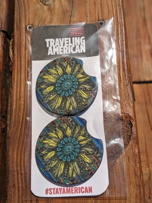 Turquoise Sunflower Car Coasters